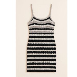 Handmade Crochet Striped Mini Dress – Black, White & Gray, Fitted, Sleeveless